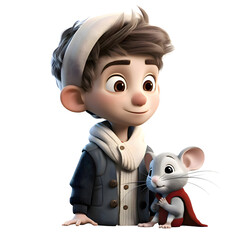 3D Render of a Little Boy with a Mouse on White Background