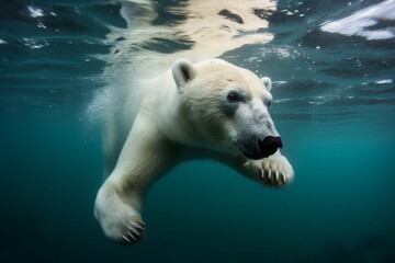 Obraz na płótnie Canvas A captivating sight of a polar bear gracefully swimming in the icy waters, showcasing its adaptability and strength in its natural habitat. Ai generated