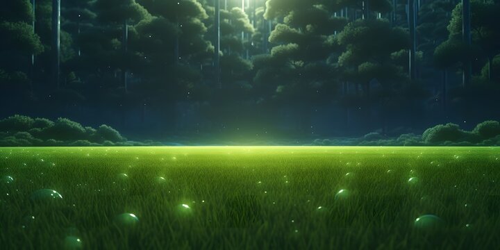 Green soccer field, bright spotlights