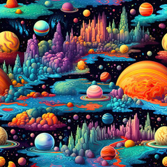 Fantasy space neon psychedelic galaxy with planets repeat pattern - obrazy, fototapety, plakaty