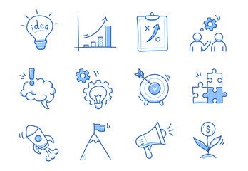 Business idea, startup doodle line icon set. Hand drawn doodle sketch line style business strategy, finance goal concept. Rocket, target, brain cute element. Vector illustration - obrazy, fototapety, plakaty