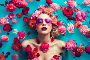 portrait of beauty girl floating in pool surrounded flowers. beauty summer concept. resort concept. generative AI