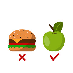 Vector prohibition sign for junk food and approved healthy diet food.