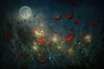 Poppies in the meadow at night with moon and stars