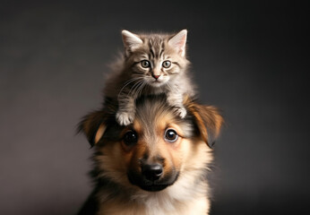 cute kitten climbing on puppies head. young dog and young cat together. pet friendship concept