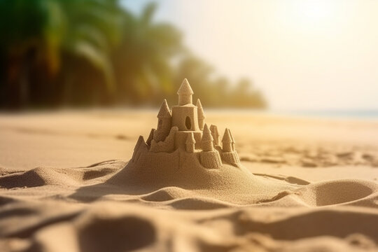 Sand castle on the beach, Sandy Delight: A Photographic Close-Up of a Sand Castle, Shovel, and Bucket, Amidst a Vibrant Sunset on a Serene Tropical Beach with Palm Trees and Gentle Waves