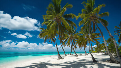 Tropical beach in Punta Cana, Dominican Republic. Palm trees on sandy island in the ocean