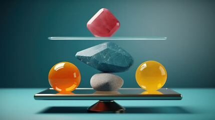 3D glass and stone geometric shapes balance concept. Generative Ai