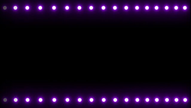 Led light board sign retro on black background. Bright Purple light bulbs frame for banner or signboard template. Frame concept for party holiday text or logo. Neon Led Lights Bulbs Banner Template.