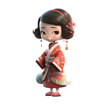 3d rendering of a cute kimono girl on white background