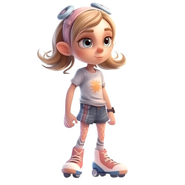 3D Render of a Cute Little Girl with Roller Skates