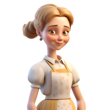 3D rendering of a cute cartoon girl with apron isolated on white background