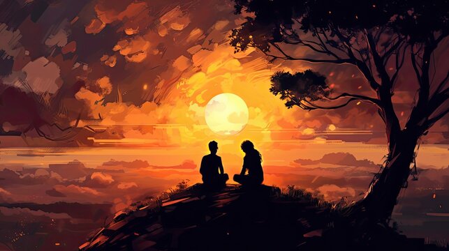 Two people sit atop a hill, embracing the serenity of nature. The vast expanse of the landscape stretches out before them, painted in soft hues of sunset. 