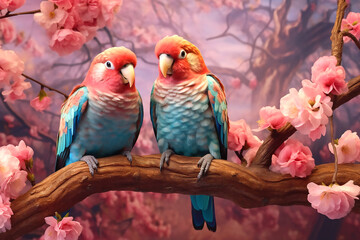 Two large blue pink parrots sit on a branch of sakura blossoms. Generative AI
