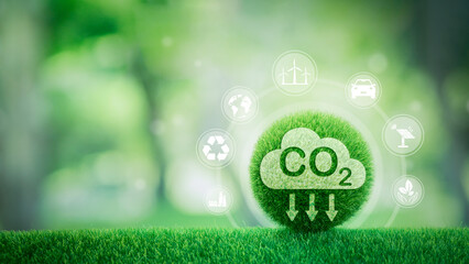 reducing carbon emissions carbon neutral concept Net zero emission target, green background with...