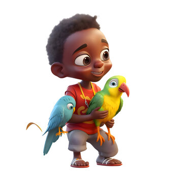 3D Render of an african american boy with parrots