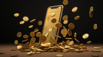 Making money online concept, mobile phone and gold coins