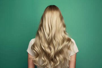 Beautiful young woman with blond stylish wavy hairdo on green background, back view