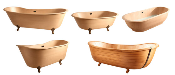 Set of modern wooden bathtubs isolated on transparent background. Generative AI