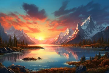 Fototapeten  A breathtaking scene of a tranquil landscape featuring majestic mountains and an awe inspiring sunset, creating a sense of peace and beauty. Ai generated © dragomirescu