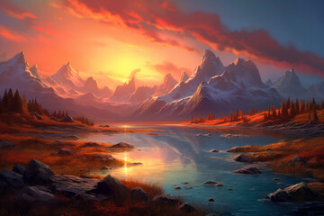  A breathtaking scene of a tranquil landscape featuring majestic mountains and an awe inspiring sunset, creating a sense of peace and beauty. Ai generated