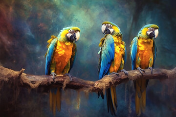 Fototapeta na wymiar Three colorful parrots sit on a branch. Generative AI