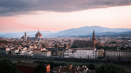 Fototapeta na wymiar View of Florence/Firenze during sunrise from Piazzale Michelangelo, Florence, Italy. Europe Travel Concept. Cityscape.
