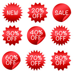 Ribbons for promotions. Discount numbers set. Sales label collection. Stickers sale, discount, op to 80% off.