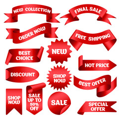 Ribbons for promotions. Sales label collection. Sale banner sticker, shopping clipart set. Stickers sale, discount, best offer, promotion, new arrival, free shipping, best choice, hot price.