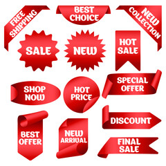 Stickers sale, discount, best offer, promotion, new arrival, free shipping. Ribbons for promotions. Sales label collection. Sale banner sticker, shopping clipart set. 