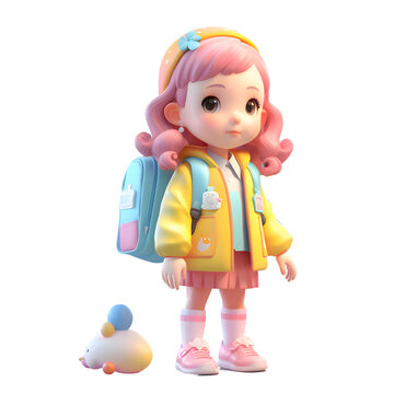 3D Render of a Cute Little Girl with Backpack and Bag