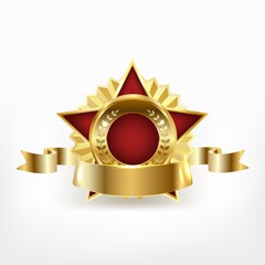 Red star medal with gold ribbon. Gold metallic winner award.