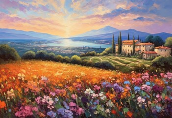 Beautiful painting captures a breathtaking vista adorned with vibrant flowers.