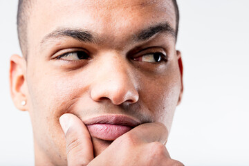 Close-up of thinking man, wealth or deceit