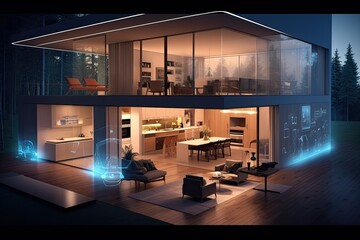 Smart home house in the evening - made with Generative Ai