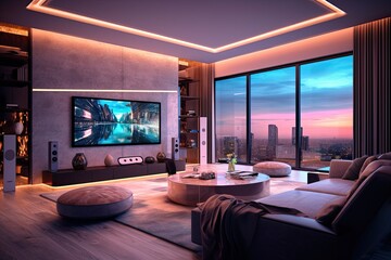 Smart home living room in the evening - made with Generative Ai