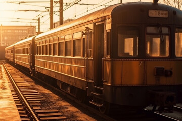 Fototapeta premium A nostalgic scene of a timeless and vintage train wagon against the backdrop of a captivating sunset, evoking a sense of nostalgia and tranquility. Ai generated