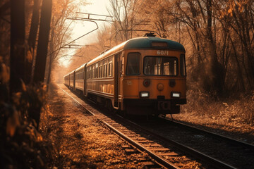 Naklejka premium A nostalgic scene of a timeless and vintage train wagon against the backdrop of a captivating sunset, evoking a sense of nostalgia and tranquility. Ai generated