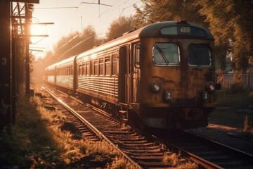 Obraz premium A nostalgic scene of a timeless and vintage train wagon against the backdrop of a captivating sunset, evoking a sense of nostalgia and tranquility. Ai generated