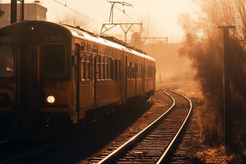 Naklejka premium A nostalgic scene of a timeless and vintage train wagon against the backdrop of a captivating sunset, evoking a sense of nostalgia and tranquility. Ai generated