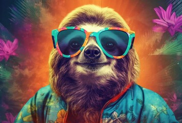 a bBth takes center stage. The sloth is adorned with vibrant hues, showcasing shades of blues, greens, yellows, and pinks.