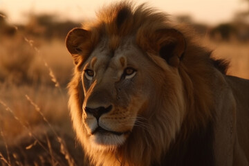 Obraz premium An awe inspiring sight of a massive lion majestically roaming the vast African savannah during the golden hues of sunset, showcasing the wild beauty of nature. Ai generated