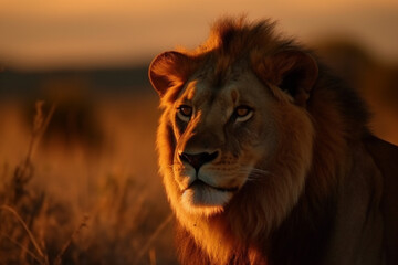 An awe inspiring sight of a massive lion majestically roaming the vast African savannah during the golden hues of sunset, showcasing the wild beauty of nature. Ai generated