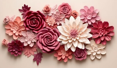 Pink and Rosegold 3D flower papercut wallpaper, Classic home decoration, 3D paper cut background, Ai generative
