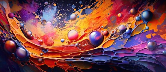 vibrant and dynamic abstract design, colorful bubbles dance across the canvas. The composition is filled with a burst of energy, as the bubbles float and intertwine with one another.