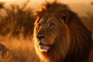 Fototapeta premium An awe inspiring sight of a massive lion majestically roaming the vast African savannah during the golden hues of sunset, showcasing the wild beauty of nature. Ai generated
