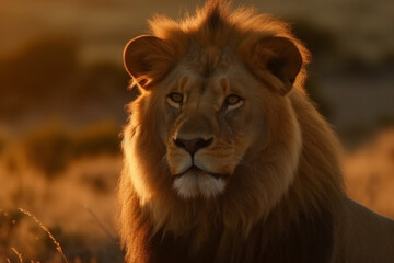 Obraz na płótnie Canvas An awe inspiring sight of a massive lion majestically roaming the vast African savannah during the golden hues of sunset, showcasing the wild beauty of nature. Ai generated