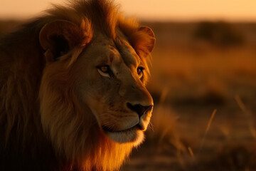Naklejka premium An awe inspiring sight of a massive lion majestically roaming the vast African savannah during the golden hues of sunset, showcasing the wild beauty of nature. Ai generated