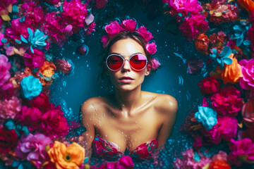 portrait of beauty girl in sunglasses swimming in pool surrounded by petals of flowers. resort concept. generative AI