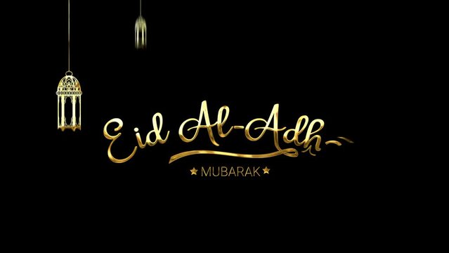 Eid Al Adha text animation in gold color. Great for video introduction 4K Footage and use as a card for the celebration of Eid Al Adha in Muslim community